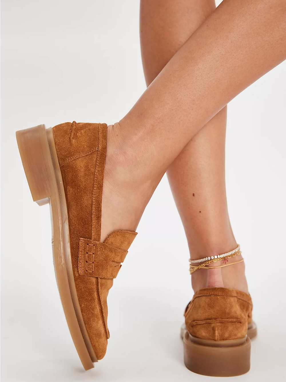 Free People Suede Penny Loafers in Cognac
